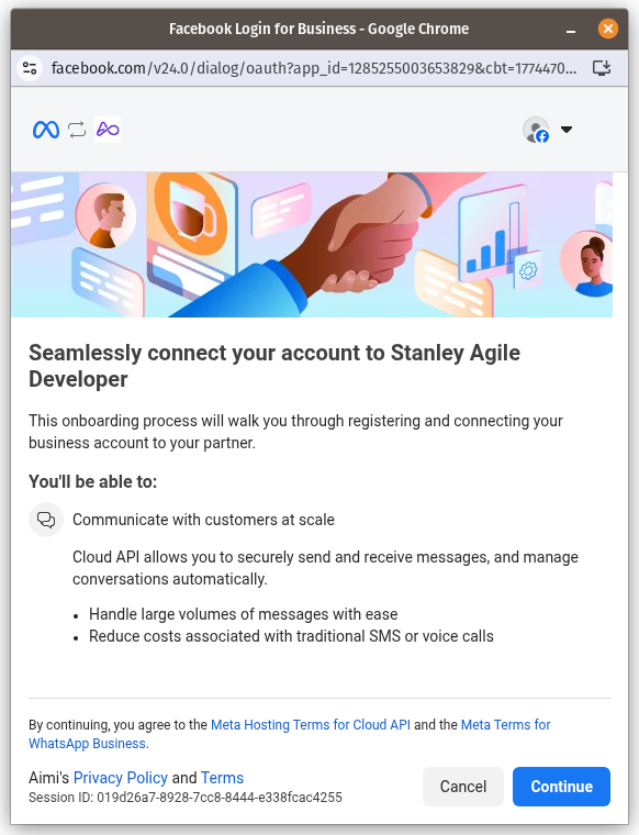 Meta Embedded Signup welcome screen showing the benefits of connecting your account to Aimi
