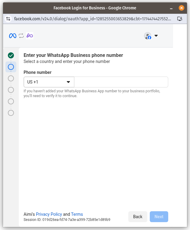 Meta Embedded Signup screen for entering your WhatsApp Business phone number with country code selector