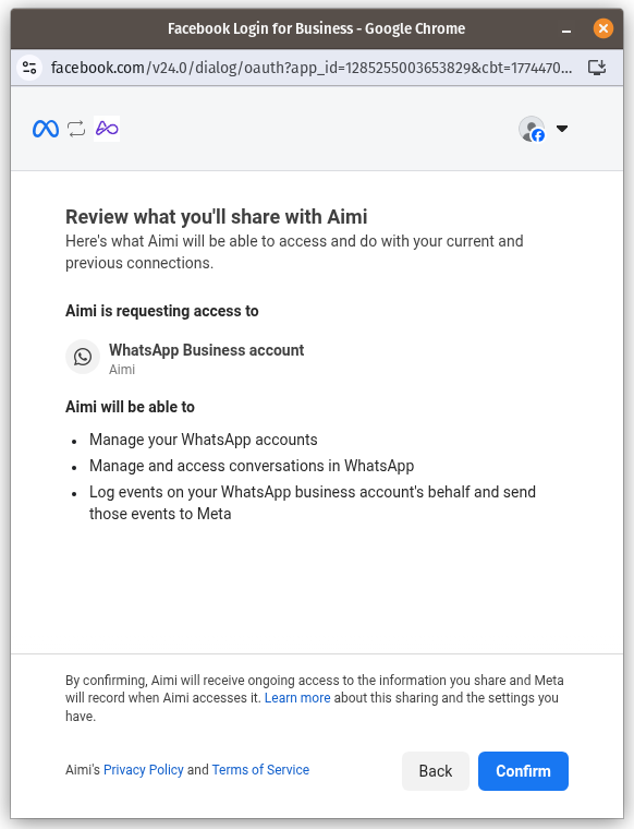 Meta Embedded Signup final review screen showing the permissions Aimi will receive before confirmation