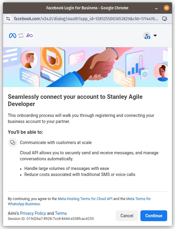 Tela de boas-vindas do Cadastro Integrado da Meta mostrando os benefícios de conectar sua conta a Aimi