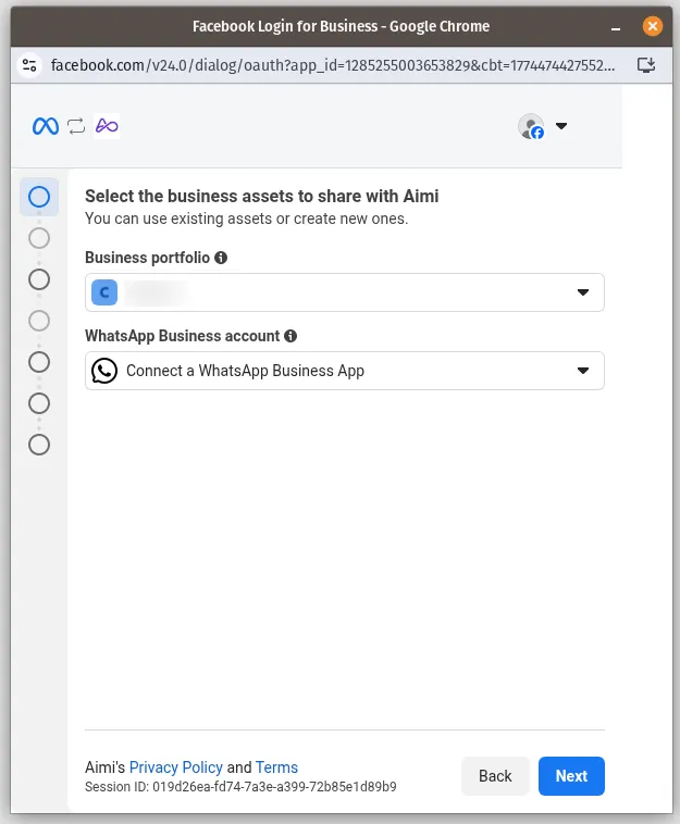 Tela do Cadastro Integrado da Meta para seleção de portfolio de negócio e conta do WhatsApp Business
