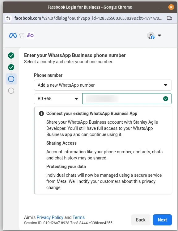 Tela do Cadastro Integrado da Meta mostrando detalhes sobre a conexão do WhatsApp Business App existente e compartilhamento de dados