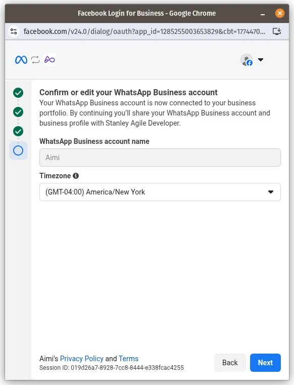 Tela do Cadastro Integrado da Meta para confirmar nome e fuso horário da conta do WhatsApp Business