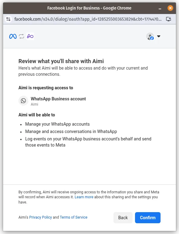 Tela final do Cadastro Integrado da Meta mostrando as permissões que a Aimi receberá antes da confirmação